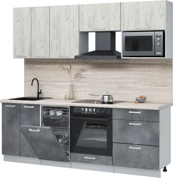 Изображение товара Кухонный гарнитур Интерлиния Мила Лайт 2.25-ПМ4 (дуб белый/бетон портленд/травертни)