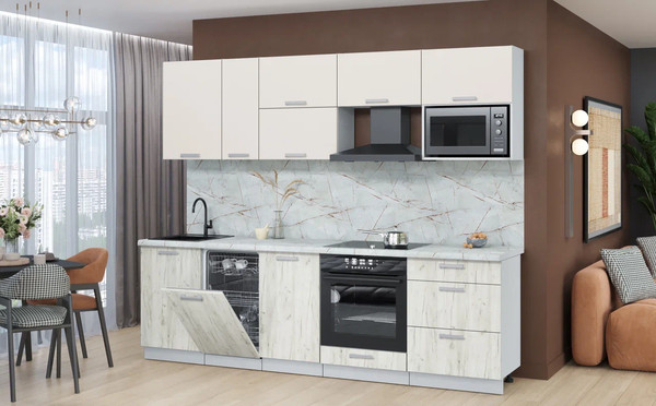 Изображение товара Кухонный гарнитур Интерлиния Мила Лайт 2.6-ПМ4 (персидский жемчуг/дуб белый/серый каспий)