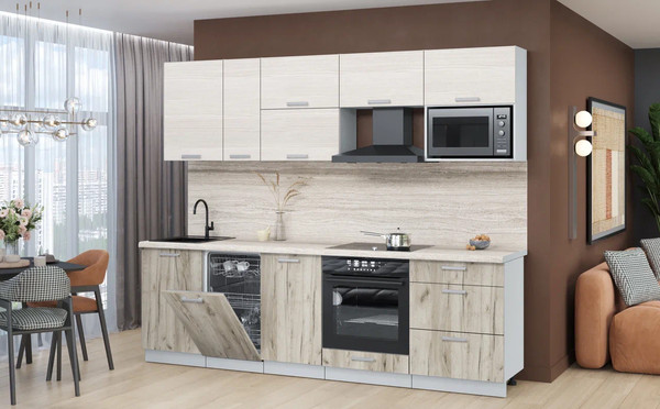 Изображение товара Кухонный гарнитур Интерлиния Мила Лайт 2.6-ПМ4 (вудлайн кремовый/дуб серый/травертин серый)