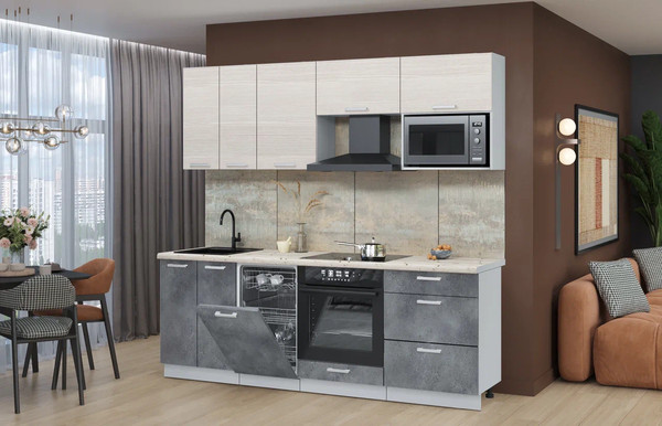 Изображение товара Кухонный гарнитур Интерлиния Мила Лайт 2.25-ПМ4  (вудлайн кремовый/бетон портленд/бискайская сосна)