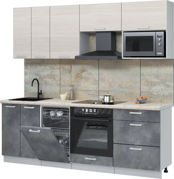 Изображение товара Кухонный гарнитур Интерлиния Мила Лайт 2.25-ПМ4  (вудлайн кремовый/бетон портленд/бискайская сосна)