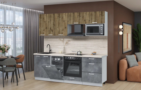 Изображение товара Кухонный гарнитур Интерлиния Мила Лайт 2.25-ПМ4 (дуб веллингтон/бетон портленд/травертин серый)