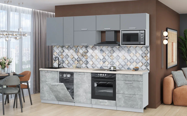 Изображение товара Кухонный гарнитур Интерлиния Мила Лайт 2.6-ПМ4  (серебро/бетон/травертин серый)