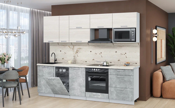 Изображение товара Кухонный гарнитур Интерлиния Мила Лайт 2.6-ПМ4 (вудлайн кремовый/бетон/бискайская сосна)