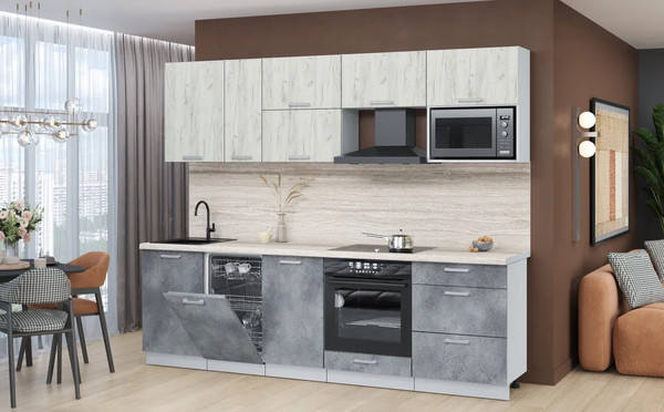 Изображение товара Кухонный гарнитур Интерлиния Мила Лайт 2.6-ПМ4 ( дуб белый/бетон портленд/травертин серый)