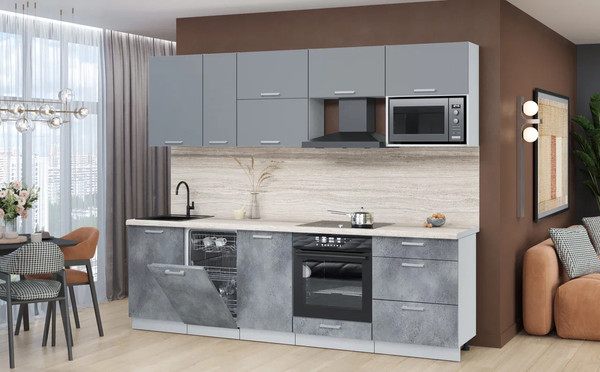 Изображение товара Кухонный гарнитур Интерлиния Мила Лайт 2.6-ПМ4 (серебро/бетон портленд/травертин серый)