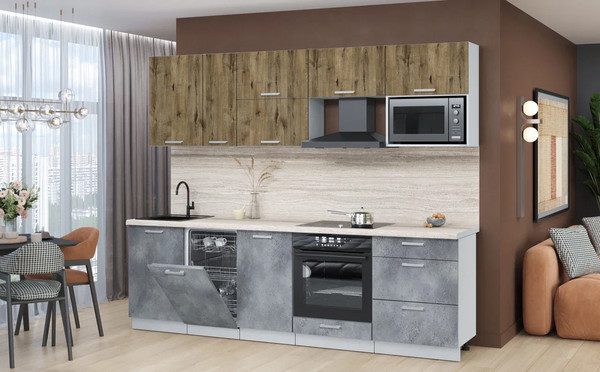 Изображение товара Кухонный гарнитур Интерлиния Мила Лайт 2.6-ПМ4 (дуб веллингтон/бетон портленд/травертин серый)