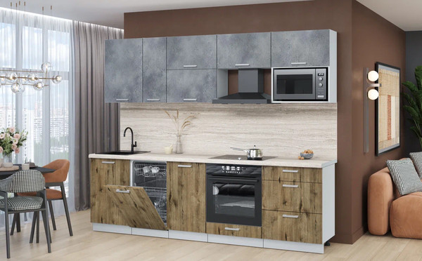 Изображение товара Кухонный гарнитур Интерлиния Мила Лайт 2.6-ПМ4 (бетон портленд/дуб веллингтон/травертин серый)