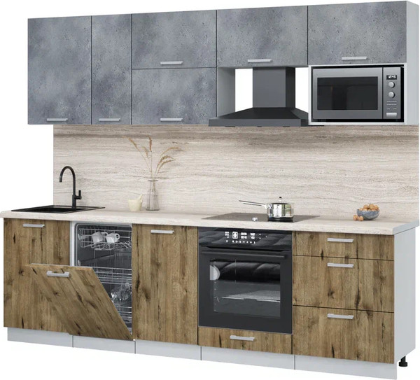 Изображение товара Кухонный гарнитур Интерлиния Мила Лайт 2.6-ПМ4 (бетон портленд/дуб веллингтон/травертин серый)