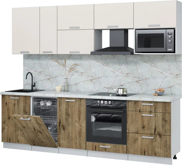 Изображение товара Кухонный гарнитур Интерлиния Мила Лайт 2.6-ПМ4  (персидский жемчуг/дуб веллингтон/серый каспий)