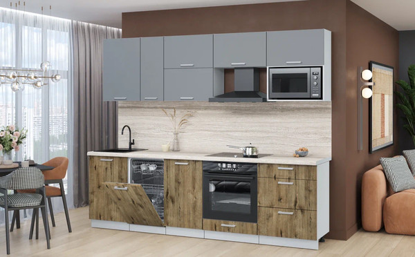 Изображение товара Кухонный гарнитур Интерлиния Мила Лайт 2.6-ПМ4 (серебро/дуб веллингтон/травертин серый)