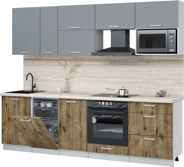 Изображение товара Кухонный гарнитур Интерлиния Мила Лайт 2.6-ПМ4 (серебро/дуб веллингтон/травертин серый)