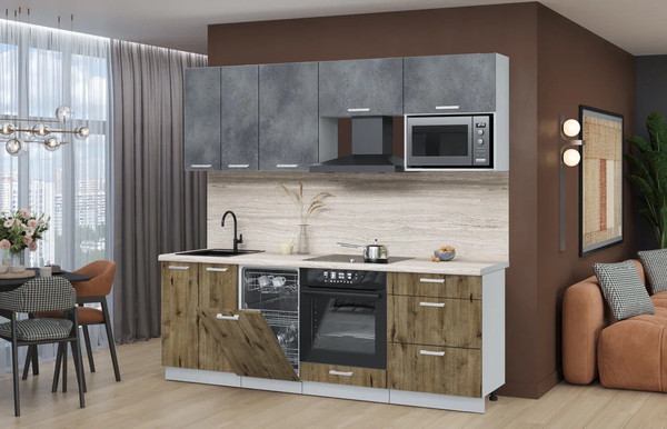 Изображение товара Кухонный гарнитур Интерлиния Мила Лайт 2.25-ПМ4 (бетон портленд/дуб веллингтон/травертин серый)