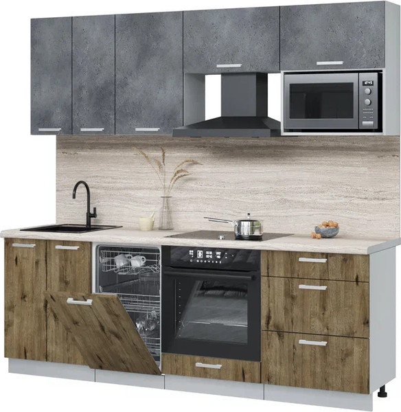 Изображение товара Кухонный гарнитур Интерлиния Мила Лайт 2.25-ПМ4 (бетон портленд/дуб веллингтон/травертин серый)