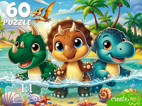 Изображение товара Пазл РЫЖИЙ КОТ Три динозавра на море / Ф60-6627 (60эл)