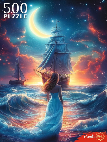 Изображение товара Пазл РЫЖИЙ КОТ Девушка у ночного моря / Ф500-7615 (500эл)