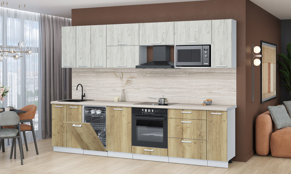 Изображение товара Кухонный гарнитур Интерлиния Мила Лайт 3.0-ПМ4  (дуб белый/дуб золотой/травертин серый)