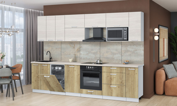 Изображение товара Кухонный гарнитур Интерлиния Мила Лайт 3.0-ПМ4  (вудлайн кремовый/дуб золотой/травертин серый)