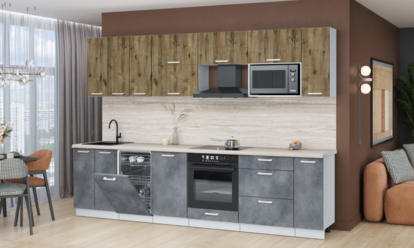 Изображение товара Кухонный гарнитур Интерлиния Мила Лайт 3.0-ПМ4 (дуб веллингтон/бетон портленд/травертин серый)