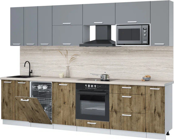 Изображение товара Кухонный гарнитур Интерлиния Мила Лайт 3.0-ПМ4 (серебро/дуб веллингтон/травертин серый)