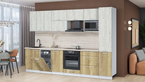 Изображение товара Кухонный гарнитур Интерлиния Мила Лайт 3.1-ПМ4 (дуб белый/дуб золотой/травертин серый)