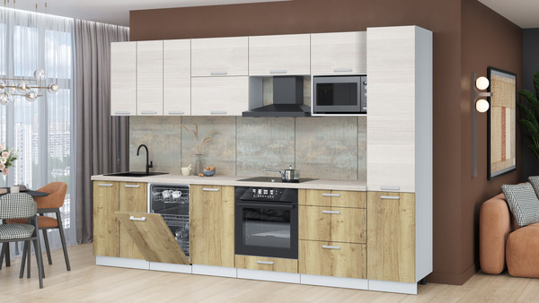 Изображение товара Кухонный гарнитур Интерлиния Мила Лайт 3.1-ПМ4  (вудлайн кремовый/дуб золотой/травертин серый)