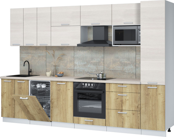 Изображение товара Кухонный гарнитур Интерлиния Мила Лайт 3.1-ПМ4  (вудлайн кремовый/дуб золотой/травертин серый)