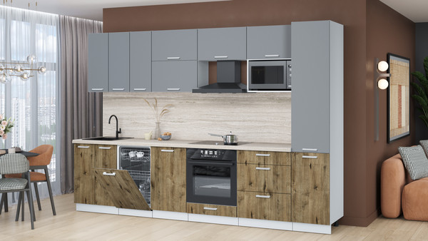 Изображение товара Кухонный гарнитур Интерлиния Мила Лайт 3.1-ПМ4  (серебро/дуб веллингтон/травертин серый)