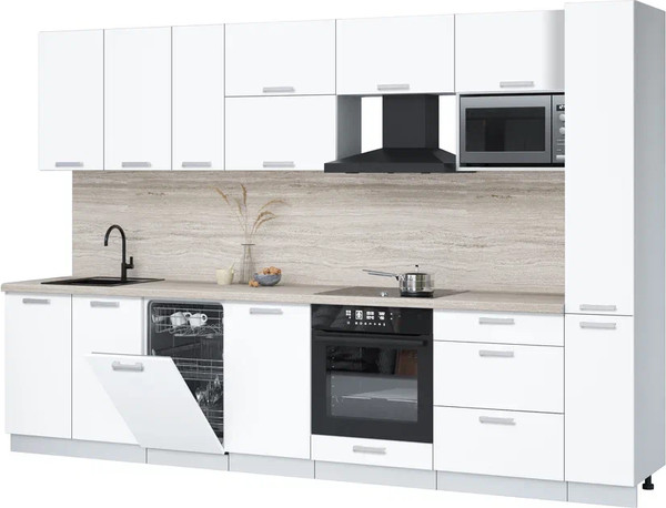 Изображение товара Кухонный гарнитур Интерлиния Мила Лайт 3.2-ПМ4  (белый платинум/белый платинум/травертин серый)