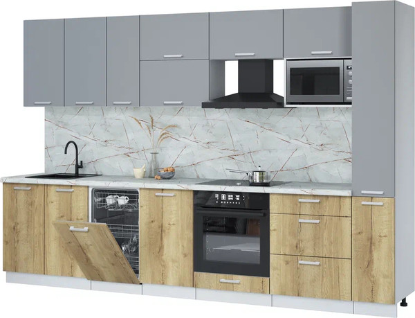 Изображение товара Кухонный гарнитур Интерлиния Мила Лайт 3.2-ПМ4 (серебро/дуб золотой/серый каспий)