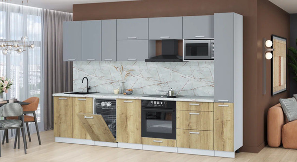 Изображение товара Кухонный гарнитур Интерлиния Мила Лайт 3.2-ПМ4 (серебро/дуб золотой/серый каспий)