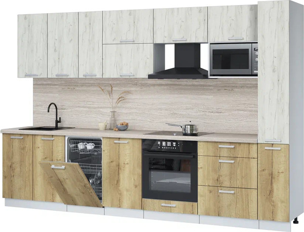 Изображение товара Кухонный гарнитур Интерлиния Мила Лайт 3.2-ПМ4  (дуб белый/дуб золотой/травертин серый)