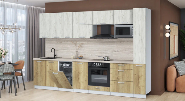 Изображение товара Кухонный гарнитур Интерлиния Мила Лайт 3.2-ПМ4  (дуб белый/дуб золотой/травертин серый)