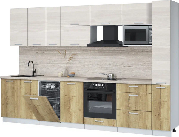 Изображение товара Кухонный гарнитур Интерлиния Мила Лайт 3.2-ПМ4 (вудлайн кремовый/дуб золотой/травертин серый)