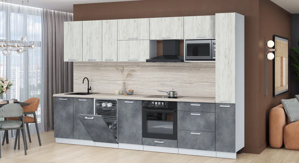 Изображение товара Кухонный гарнитур Интерлиния Мила Лайт 3.2-ПМ4 (дуб белый/бетон портленд/травертин серый)