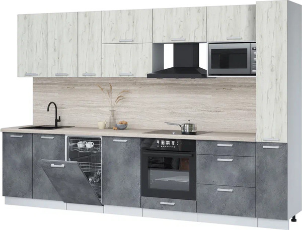 Изображение товара Кухонный гарнитур Интерлиния Мила Лайт 3.2-ПМ4 (дуб белый/бетон портленд/травертин серый)