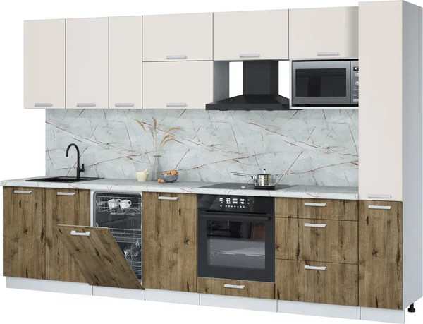 Изображение товара Кухонный гарнитур Интерлиния Мила Лайт 3.2-ПМ4 (персидский жемчуг/дуб веллингтон/серый каспий)