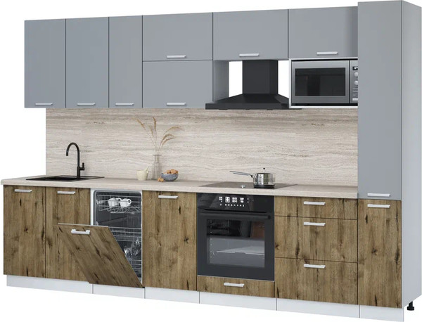 Изображение товара Кухонный гарнитур Интерлиния Мила Лайт 3.2-ПМ4  (серебро/дуб веллингтон/травертин серый)