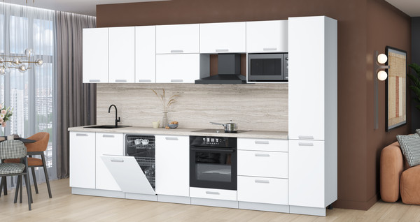 Изображение товара Кухонный гарнитур Интерлиния Мила Лайт 3.3-ПМ4 (белый платинум/белый платинум/травертин серый)