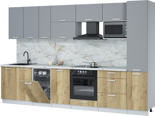 Изображение товара Кухонный гарнитур Интерлиния Мила Лайт 3.3-ПМ4  (серебро/дуб золотой/серый каспий)