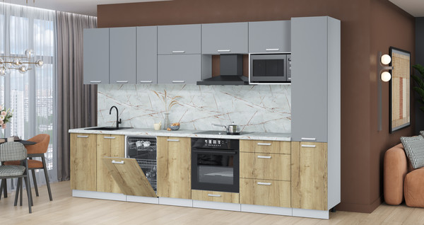 Изображение товара Кухонный гарнитур Интерлиния Мила Лайт 3.3-ПМ4  (серебро/дуб золотой/серый каспий)