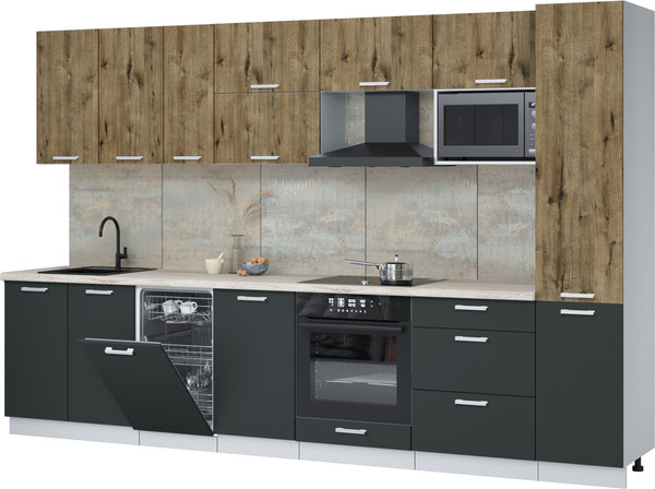 Изображение товара Кухонный гарнитур Интерлиния Мила Лайт 3.3-ПМ4 (дуб веллингтон/антрацит/травертин серый)