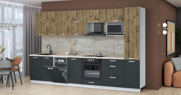 Изображение товара Кухонный гарнитур Интерлиния Мила Лайт 3.3-ПМ4 (дуб веллингтон/антрацит/травертин серый)