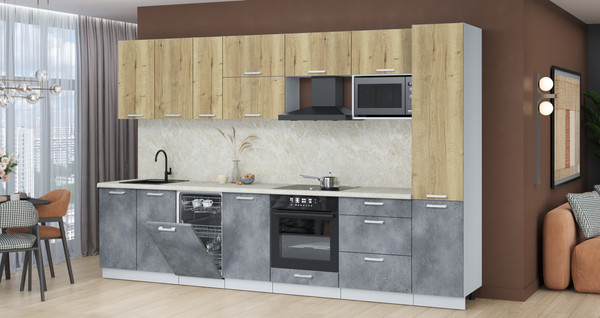 Изображение товара Кухонный гарнитур Интерлиния Мила Лайт 3.3-ПМ4 (дуб золотой/бетон портленд/опал светлый)