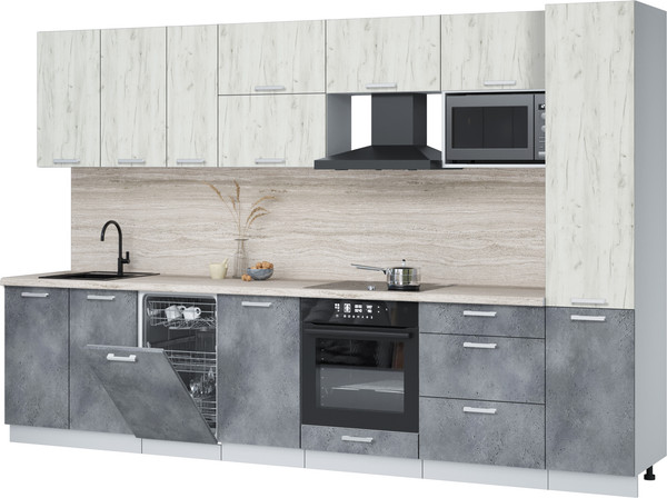 Изображение товара Кухонный гарнитур Интерлиния Мила Лайт 3.3-ПМ4 (дуб белый/бетон портленд/травертин серый)