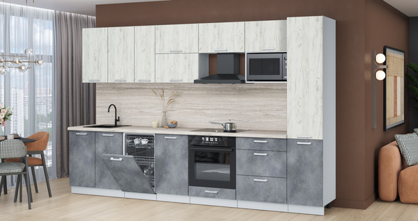 Изображение товара Кухонный гарнитур Интерлиния Мила Лайт 3.3-ПМ4 (дуб белый/бетон портленд/травертин серый)