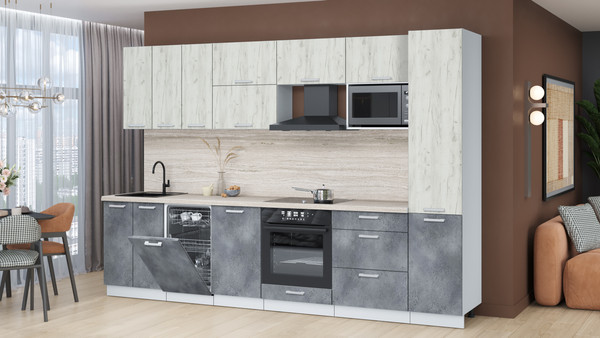 Изображение товара Кухонный гарнитур Интерлиния Мила Лайт 3.1-ПМ4 (дуб белый/бетон портленд/травертин серый)