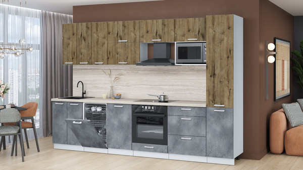 Изображение товара Кухонный гарнитур Интерлиния Мила Лайт 3.1-ПМ4 (дуб веллингтон/бетон портленд/травертин серый)