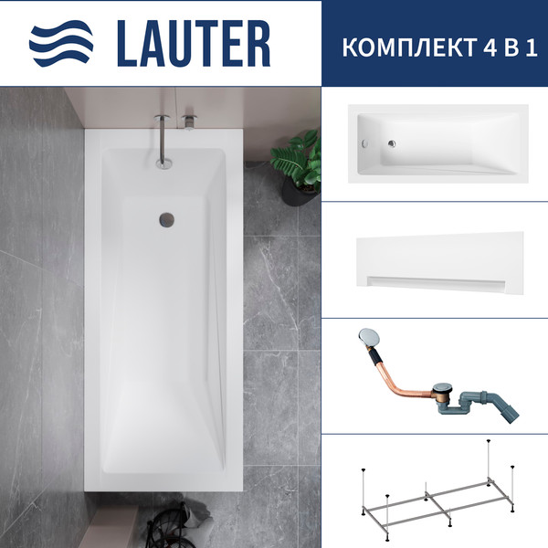 Изображение товара Ванна акриловая Lauter Estelle 170 / 21206070 (с каркасом, лицевым экраном белого цвета и сифоном 21Y11020 хром)