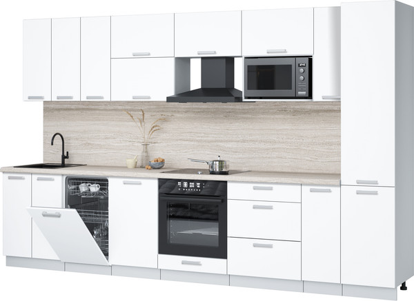 Изображение товара Кухонный гарнитур Интерлиния Мила Лайт 3.4-ПМ4 (белый платинум/белый платинум/травертин серый)